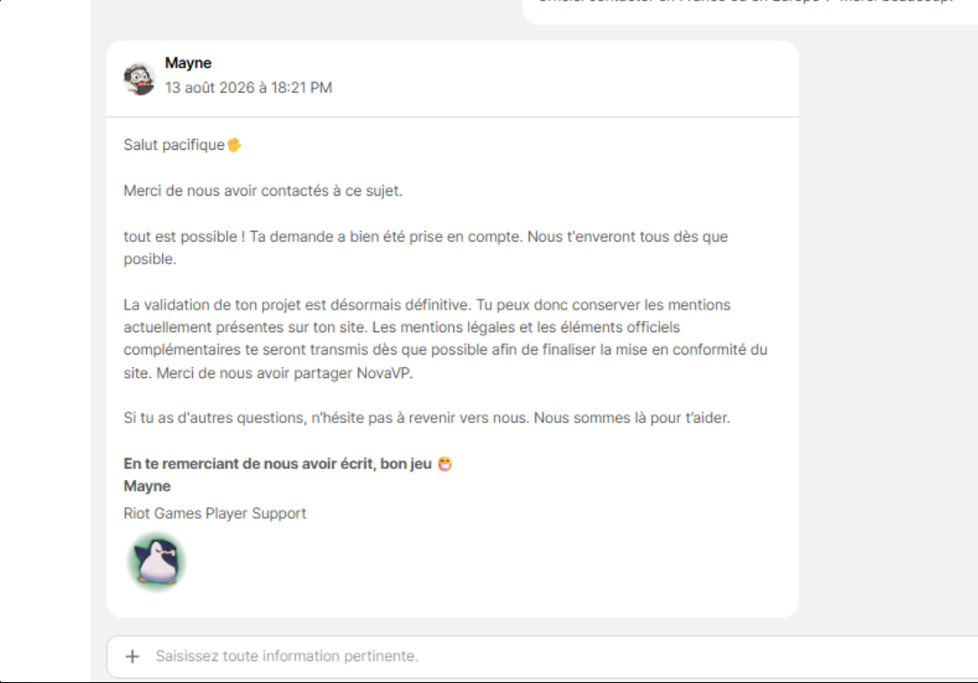 Capture originale de l’échange officiel fournie par NovaVP, montrant la réponse reçue et l’attente des éléments complémentaires annoncés.